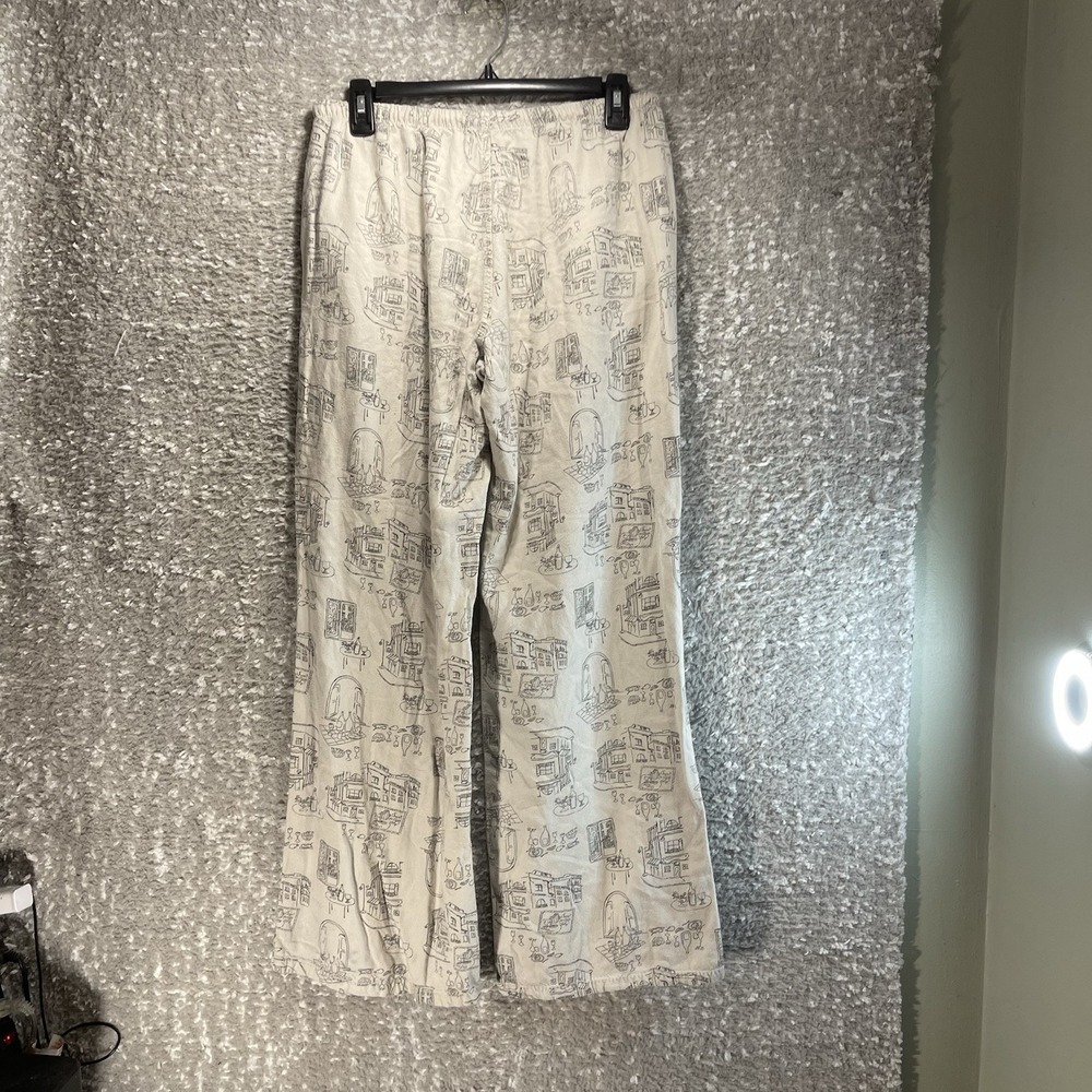 Cali 1850 M Linen Rayon Pants Beige European Cafe Sketch Print Wide Leg Vacation - Picture 2 of 11